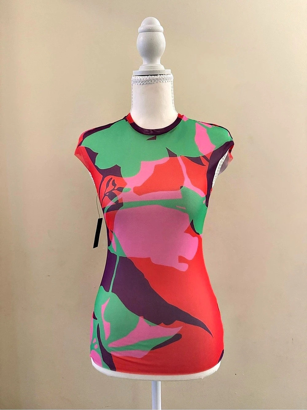 AFRM Nina Print Cap Sleeve Mesh Top Pink & Green Small